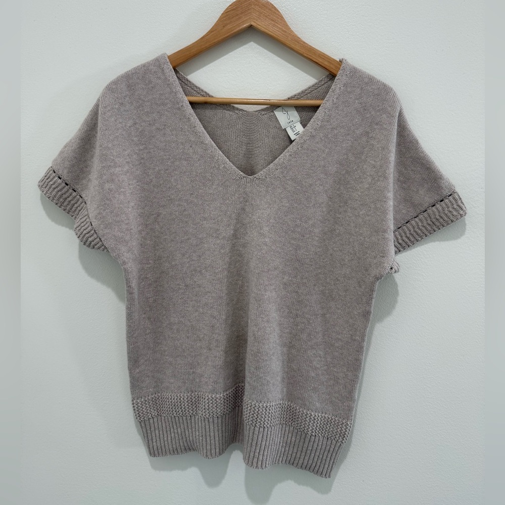Joie Woman’s Beige 100% Cotton Cable Knit V-Neck Short Sleeve Top Sweater Small